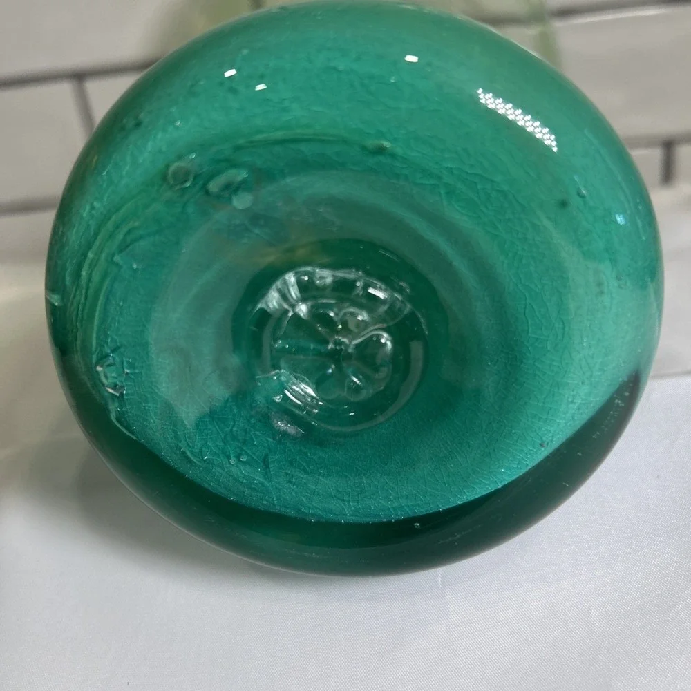 Vintage MCM Hand Blown Art Glass Vase Polished Pontil Mark Green Swirl 10.5 in